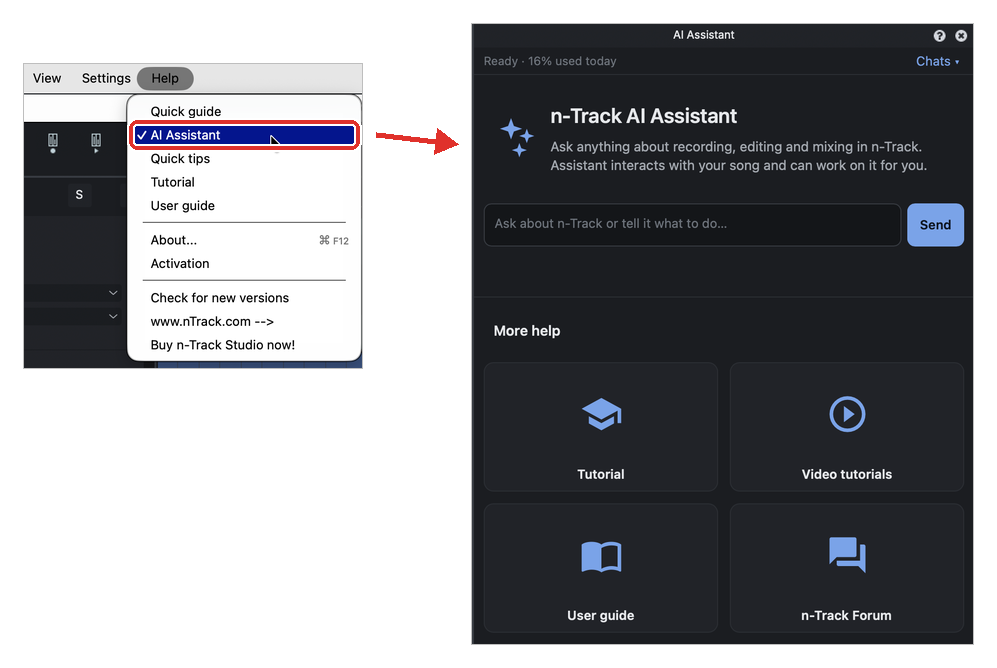 The Help menu with AI Assistant selected, and the AI Assistant panel that opens